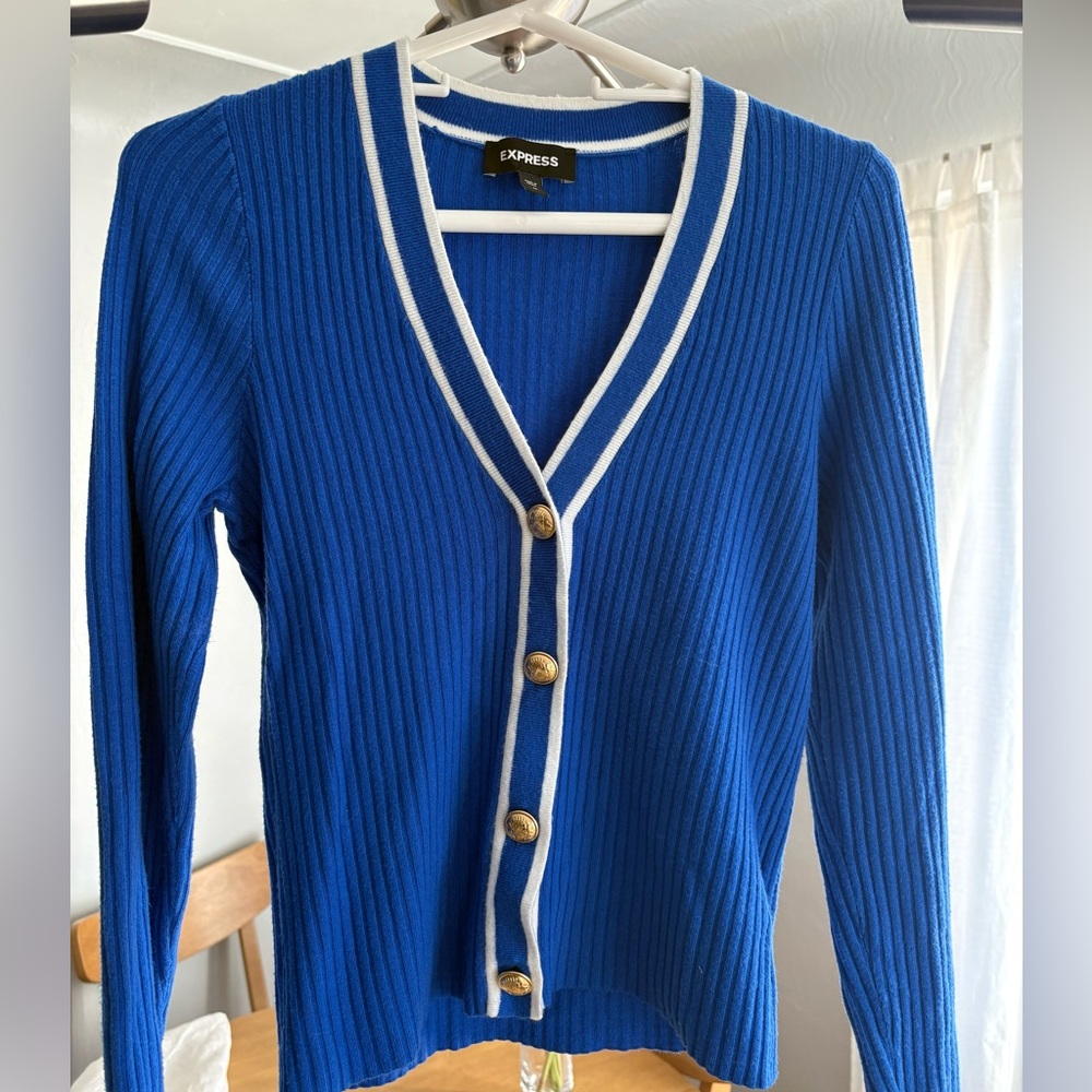 Express soft blue v neck knitted cardigan with white trim, gold buttons Medium